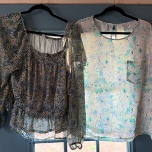 Work Bundle x2 - LC Lauren Conrad XXL Blue, Green, Cream Floral Blouse
